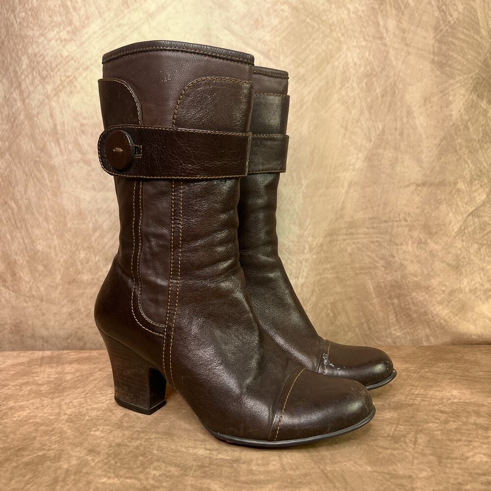 Mid Calf Leather Boots Zip Ip High Heel Brown Vintage Y2K Born Indie Sleaze Euro